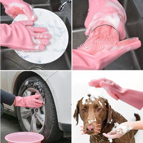 Magic Silicone Dish washing Gloves – Reusable Rubber Cleaning Gloves with Built-In Scrubber for Kitchen & Household Use (Random color)