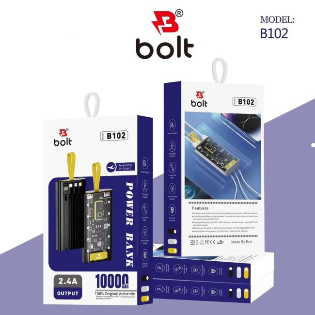 Bolt Power Bank B102 High-Capacity Portable Charger Designed To Keep Your Devices Powered Up On The Go 10'000mAh Battery