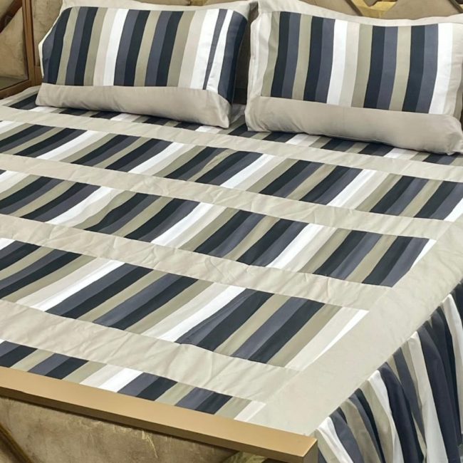 Luxury 3-Piece Frill Patchwork Double Bed Bedsheet Set – Soft Cotton Blend, Multicolor, Includes 2 Pillow Covers, Elegant Frilled Edges