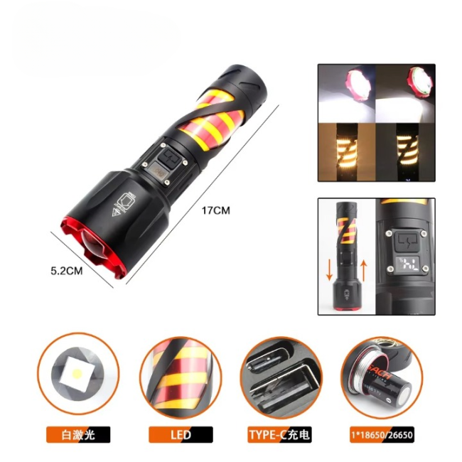 Long Range LED Rechargeable Flashlight – 26650 Battery, Power Bank Function, Battery Level Display, Zoom
